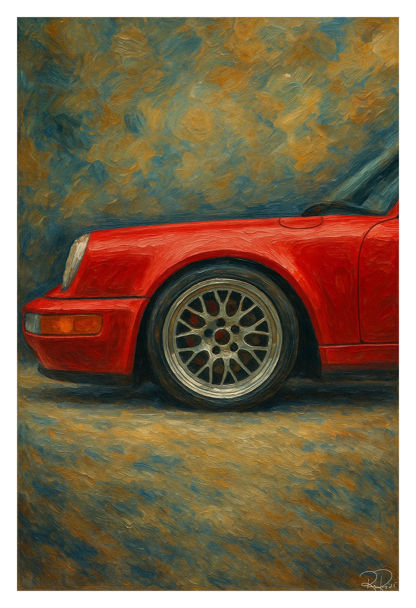 Artistic depiction of a red car on a textured background