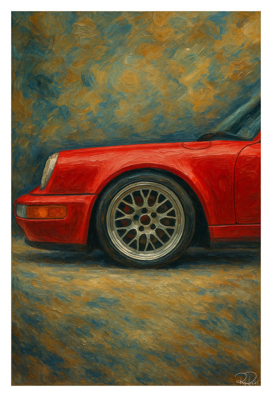 Artistic depiction of a red car on a textured background