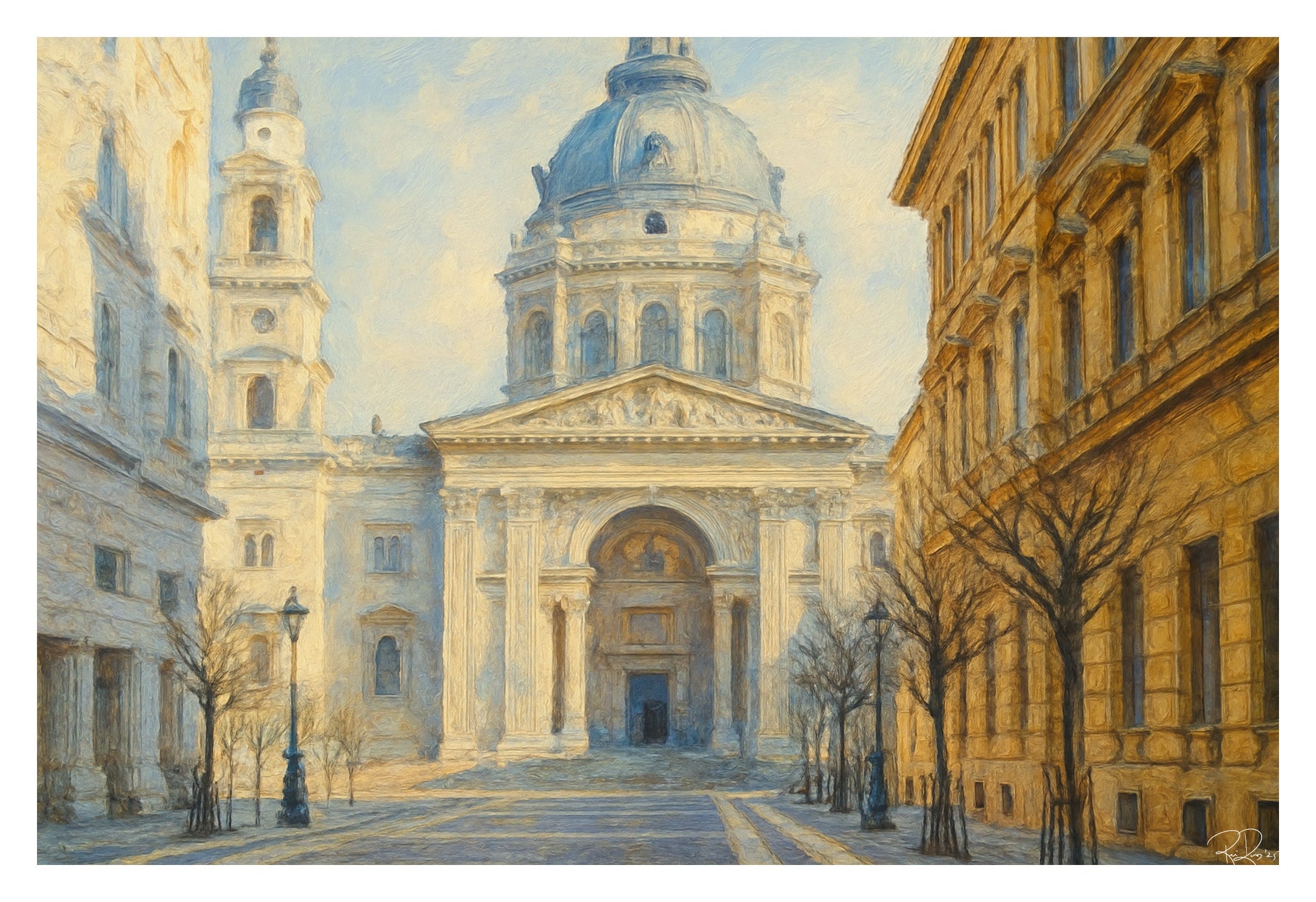 St. Stephen's Basilica in Budapest, Hungary, with classical architecture and street lamps.