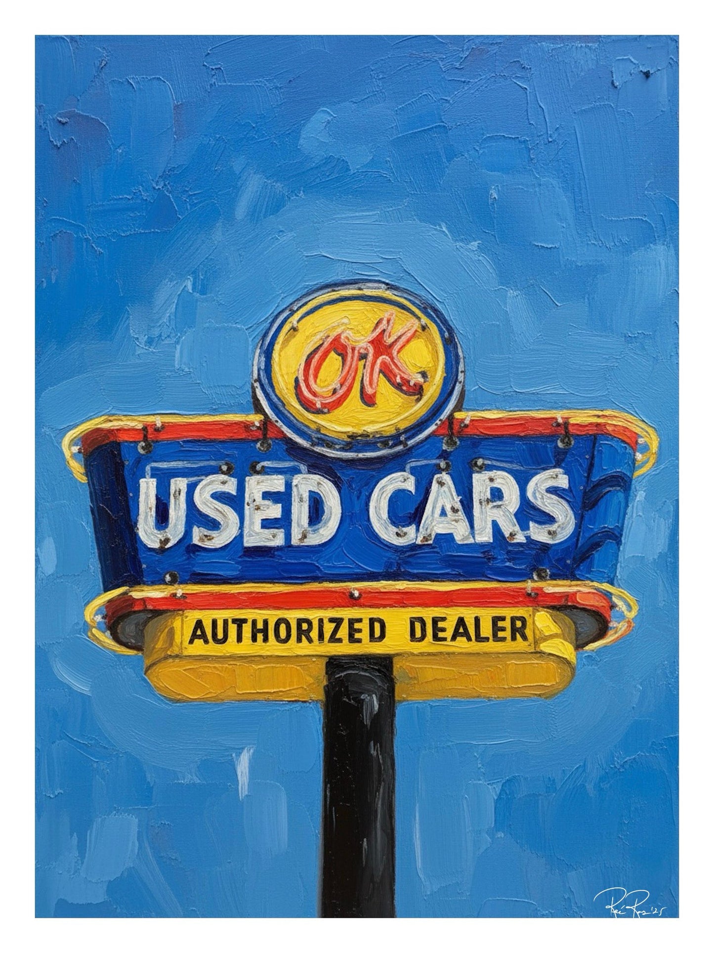 Vintage-style 'OK Used Cars' sign with blue background