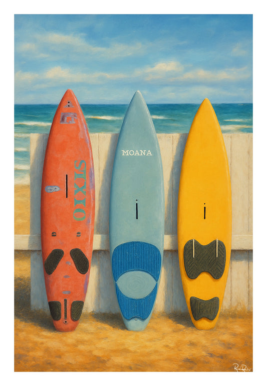 Three surfboards of different colors (red, blue, yellow) leaning against a wooden fence with a beach in the background.