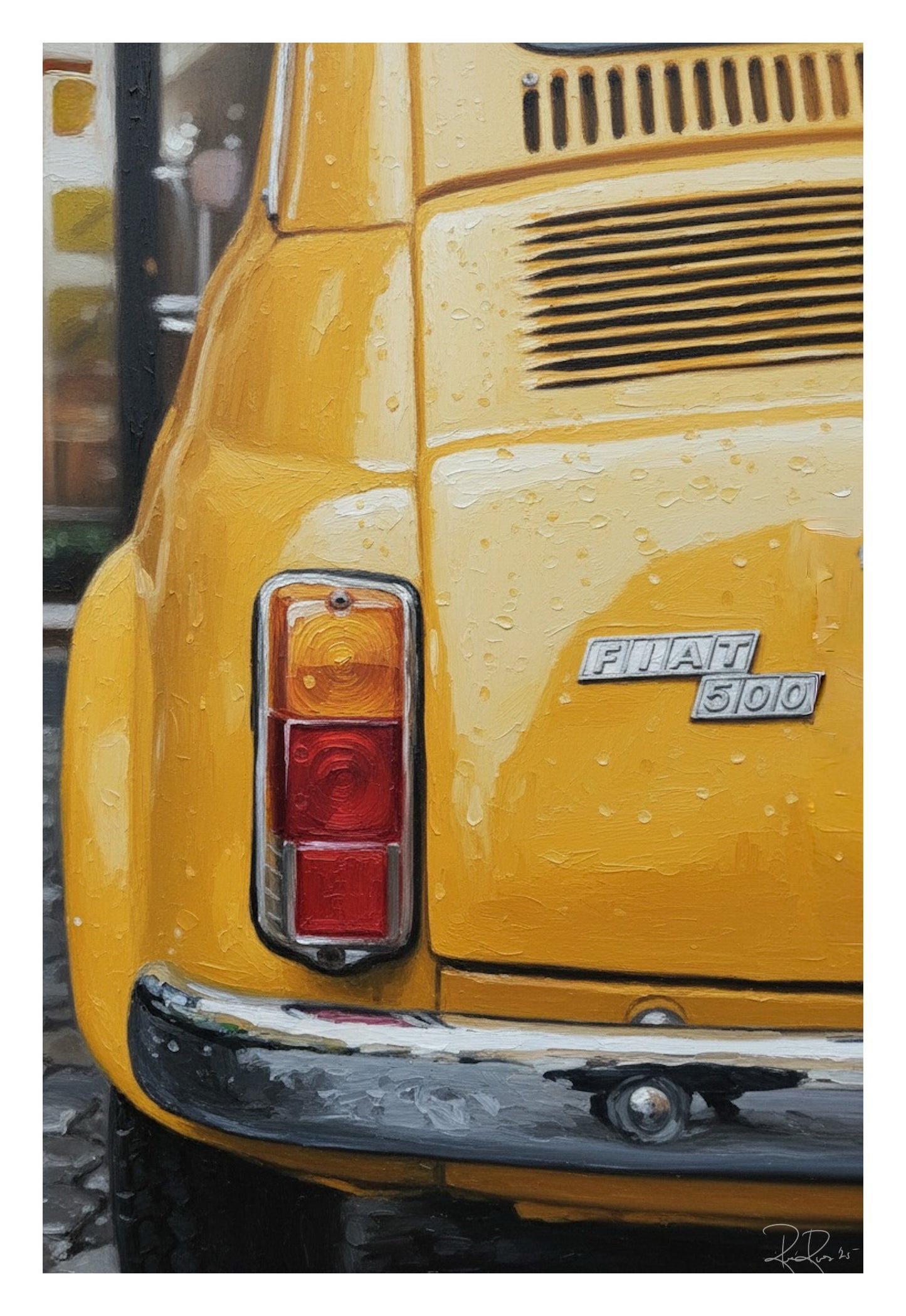 Close-up of a yellow Fiat 500 car with visible branding.