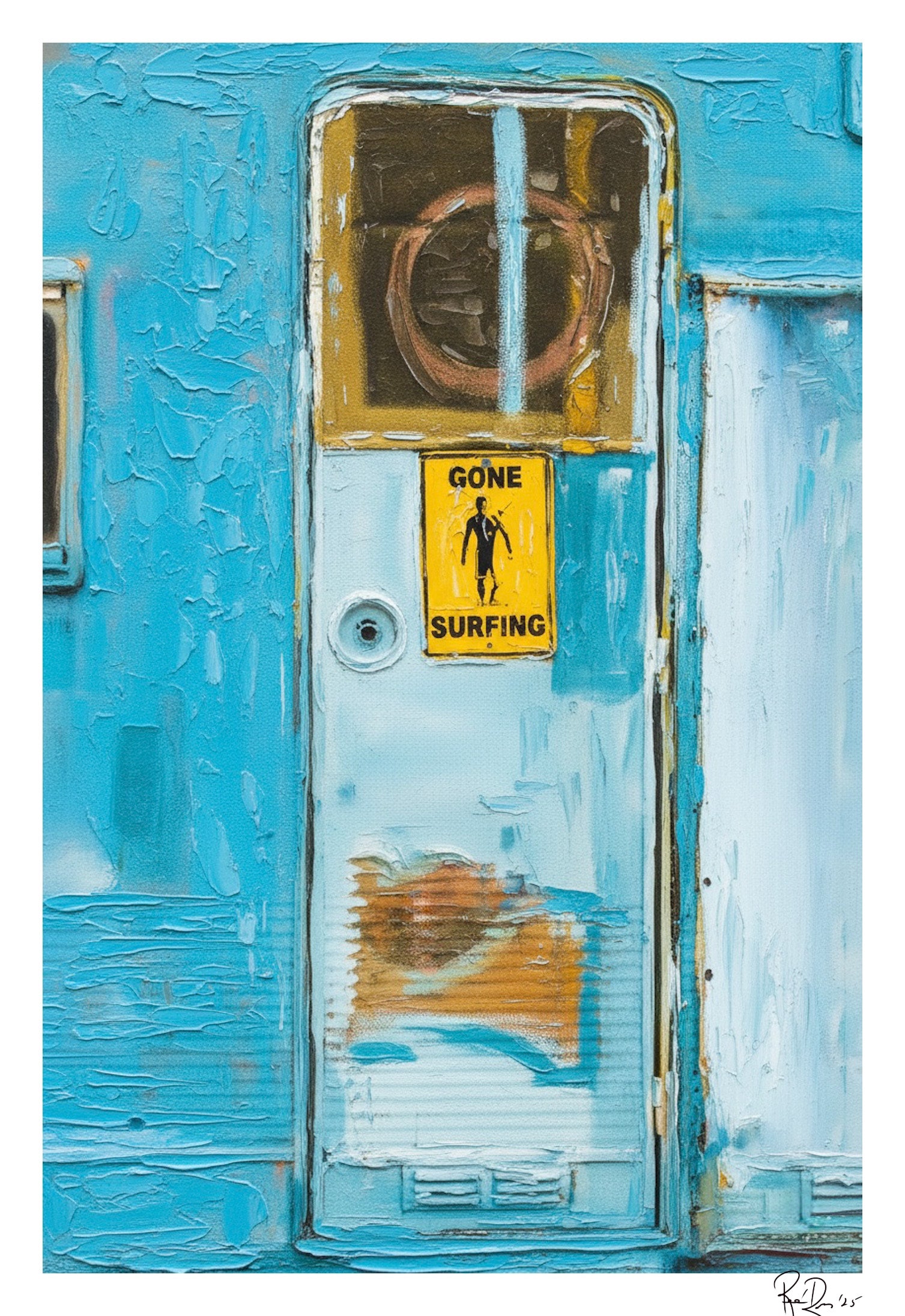 Blue door with a 'Gone Surfing' sign on a white background
