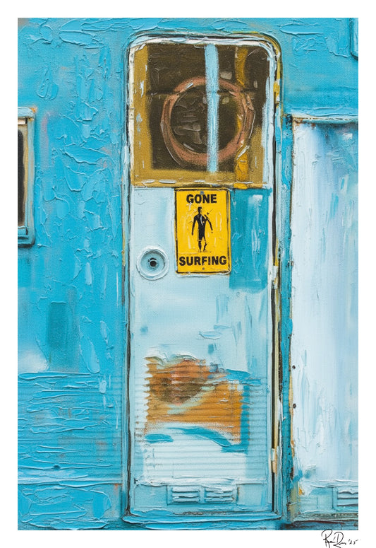 Blue door with a 'Gone Surfing' sign on a white background