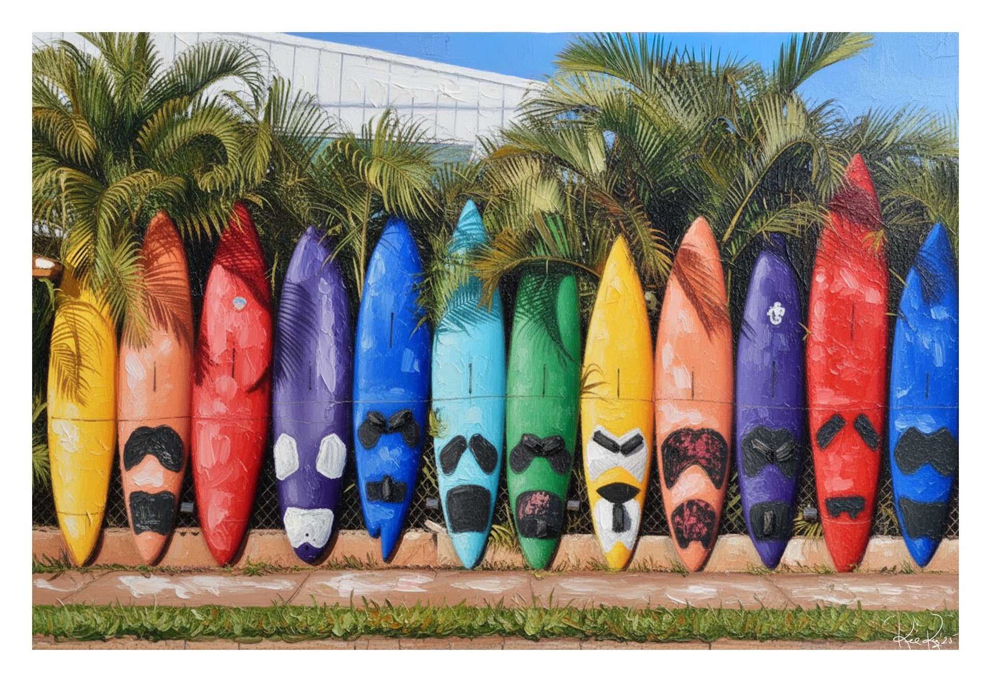 Colorful surfboards with face designs arranged against a palm tree background.