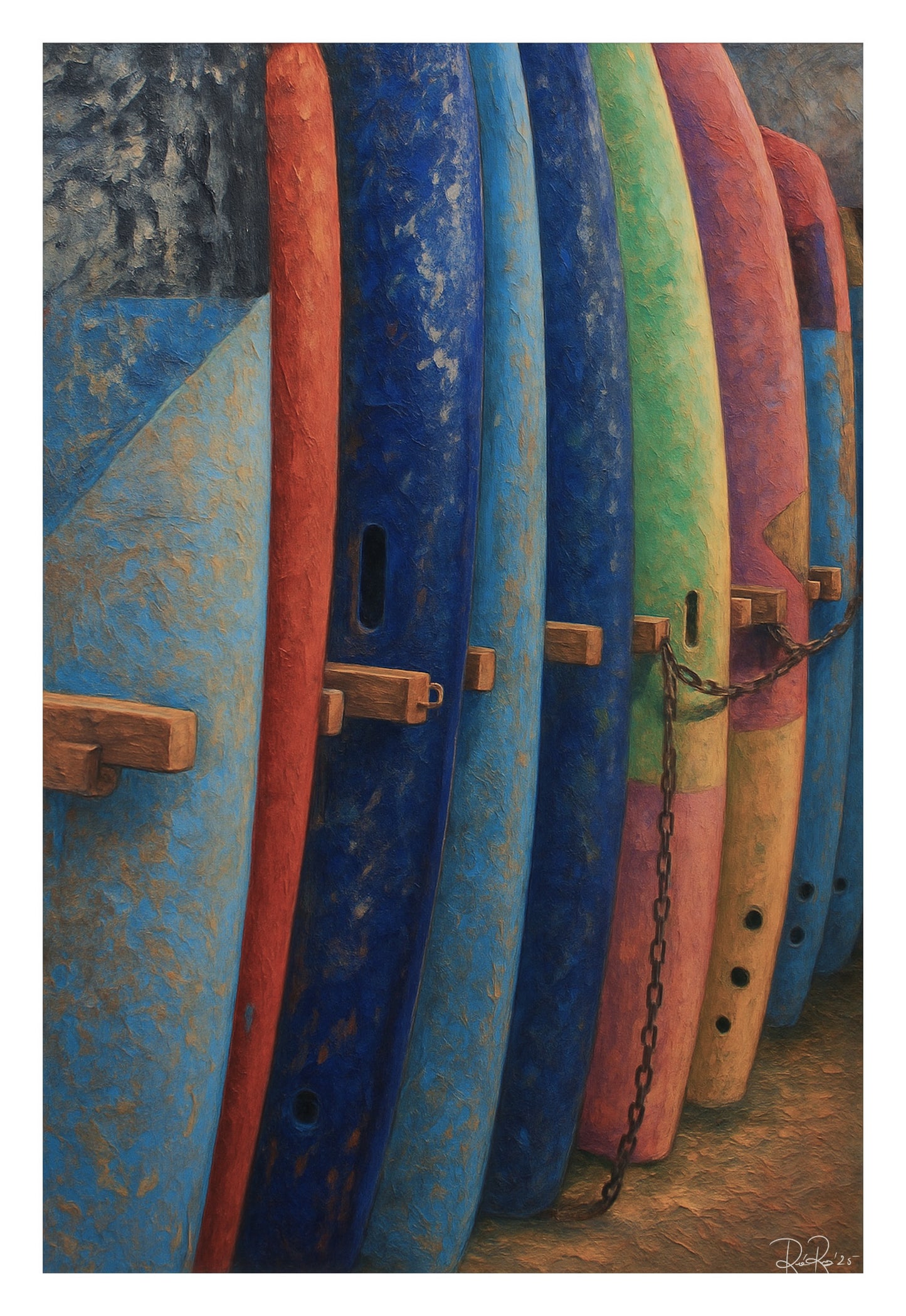 Colorful surfboards leaning against a wall with a chain.
