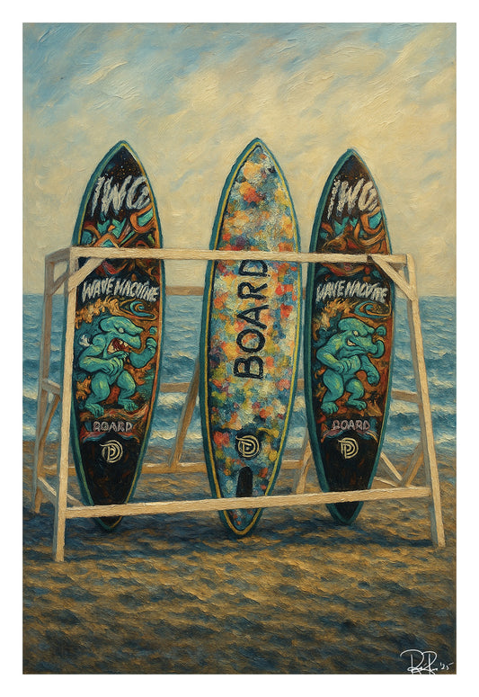 Three surfboards with colorful designs on a beach stand, with ocean and sky in the background.