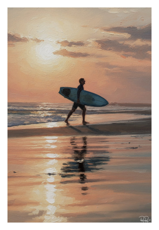 Person walking on a beach with a surfboard at sunset