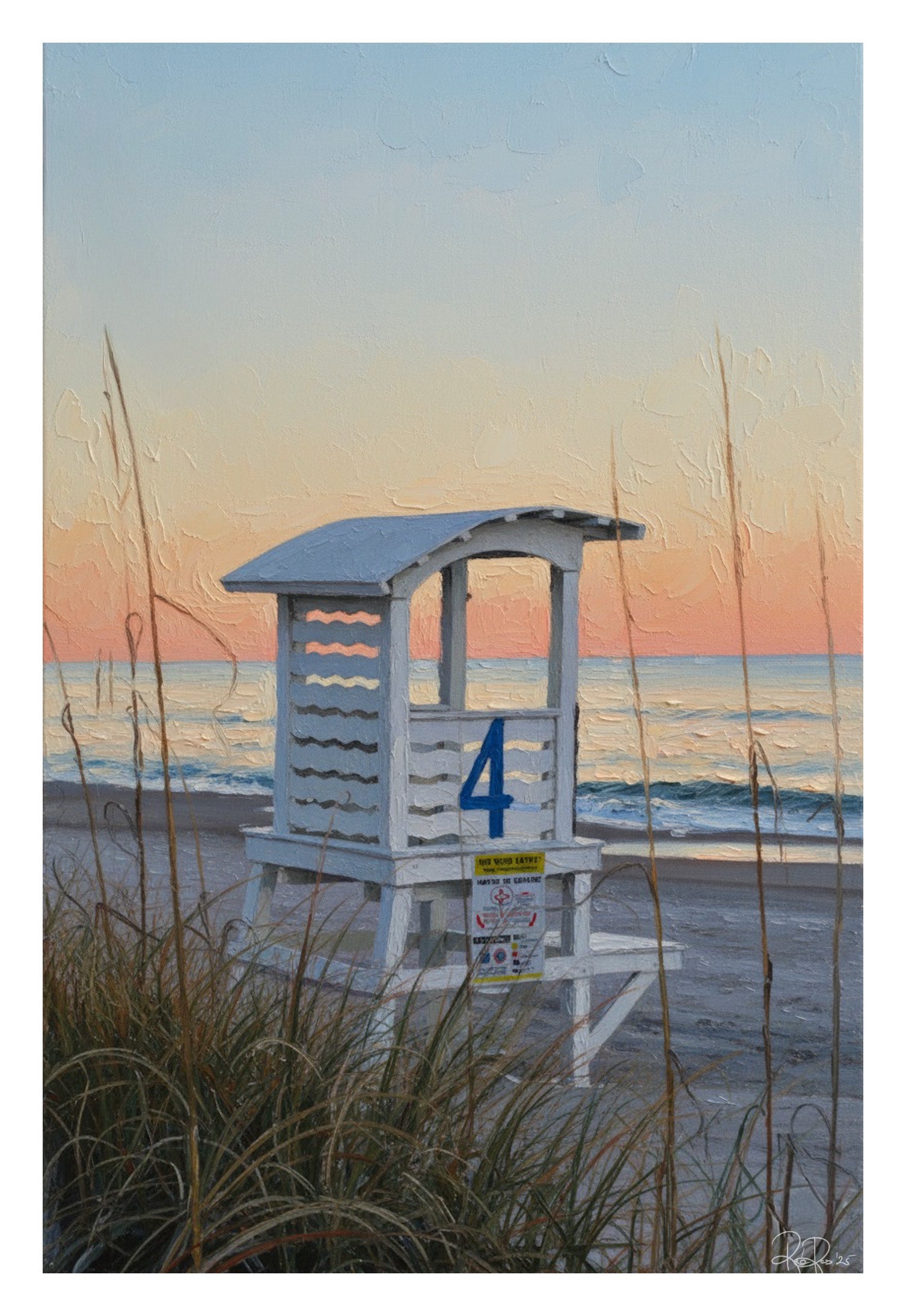 Beach scene with a lifeguard tower labeled '4' at sunset.