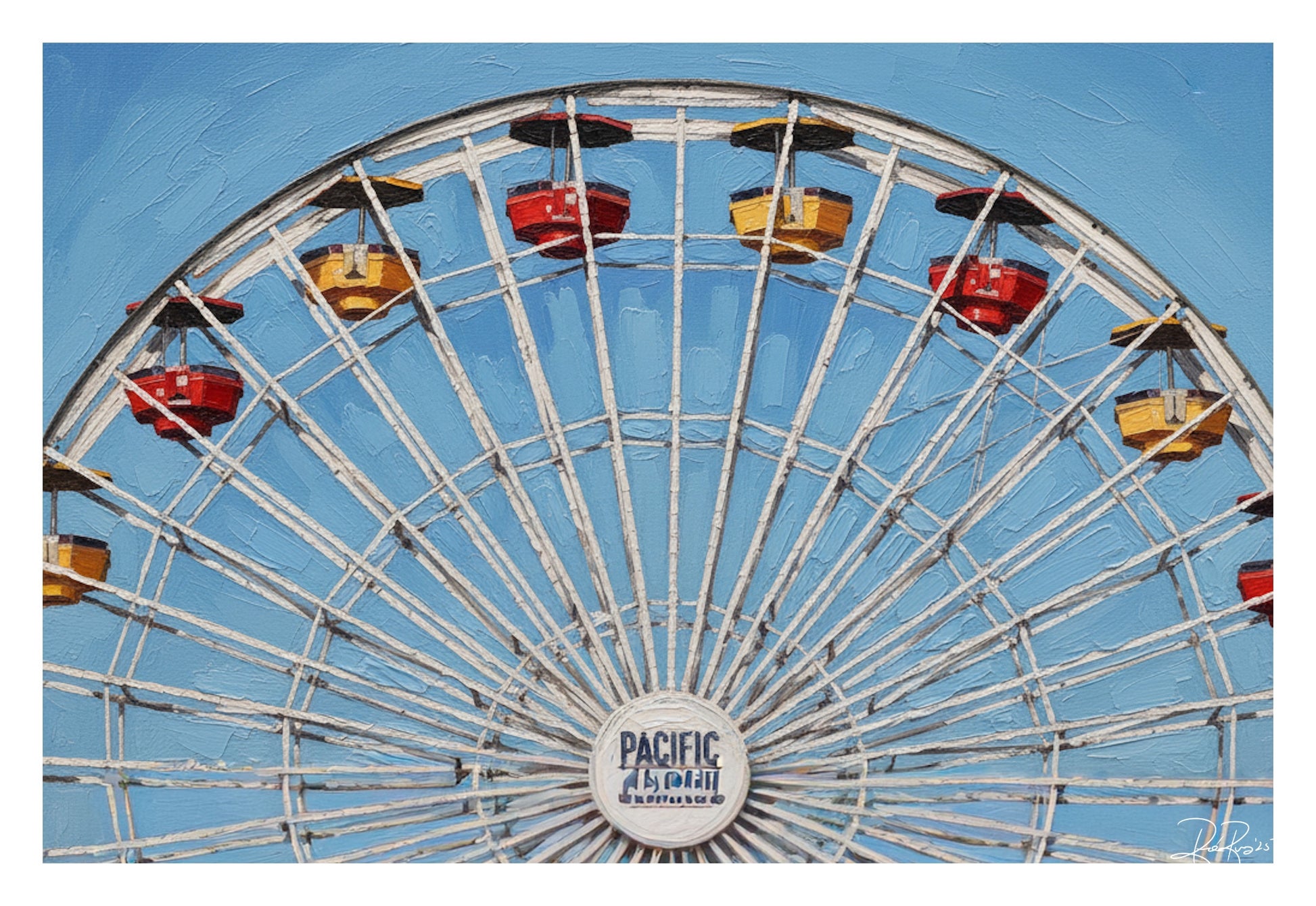 Ferris wheel with 'Pacific Park' logo against a blue sky