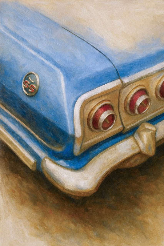 Close-up of a vintage car's front grille with a prominent emblem.