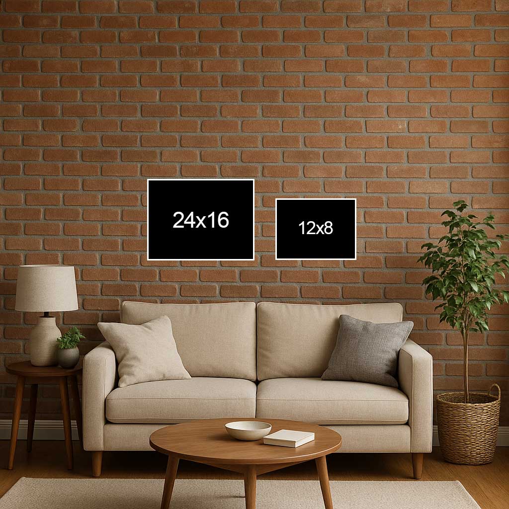 Living room with a beige sofa, wooden coffee table, and two framed pictures on a brick wall.