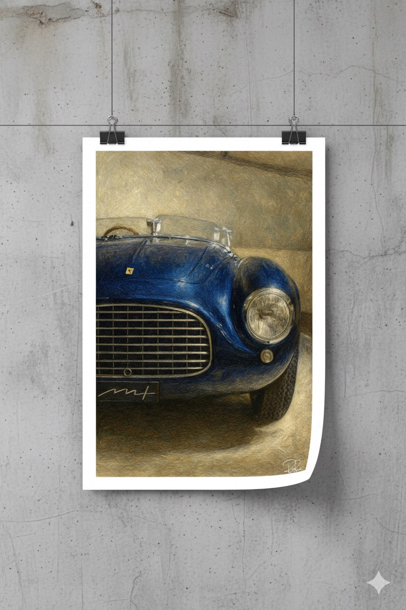 Vintage blue car poster on a concrete wall