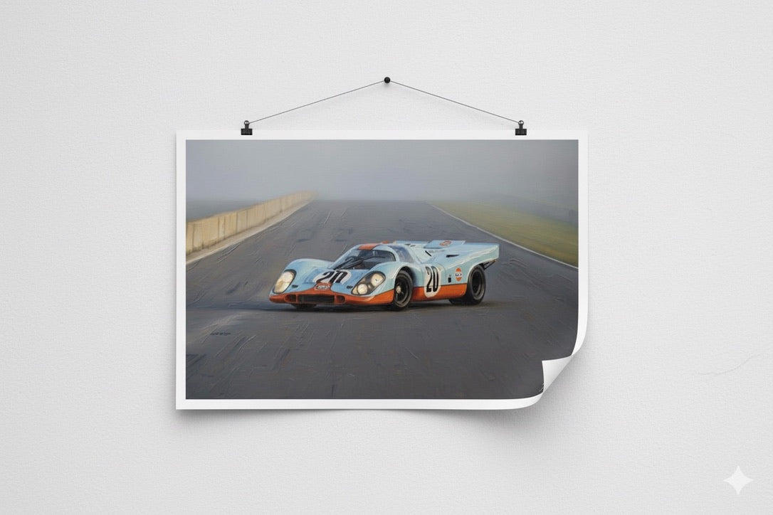 Poster of a vintage race car on a track with a white background