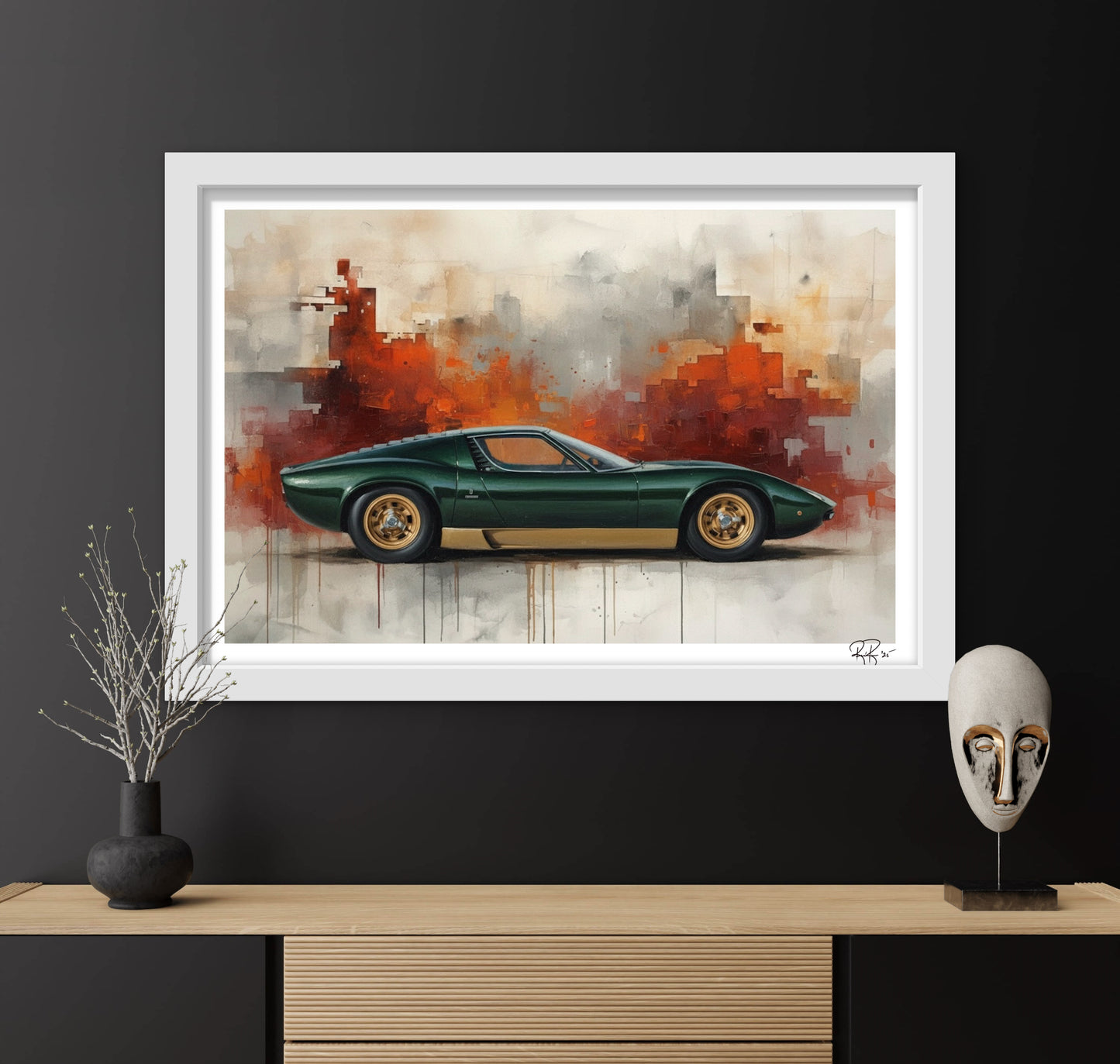 Green Lamborghini Miura Art: Retro Italian Sports Car Print | High-End Man Cave Decor