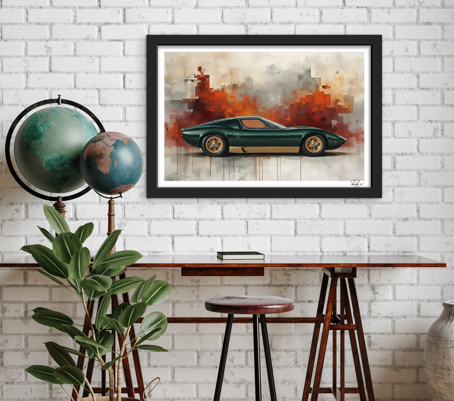 Green Lamborghini Miura Art: Retro Italian Sports Car Print | High-End Man Cave Decor