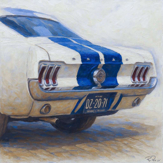 Painting of a classic car with a blue stripe on a textured background