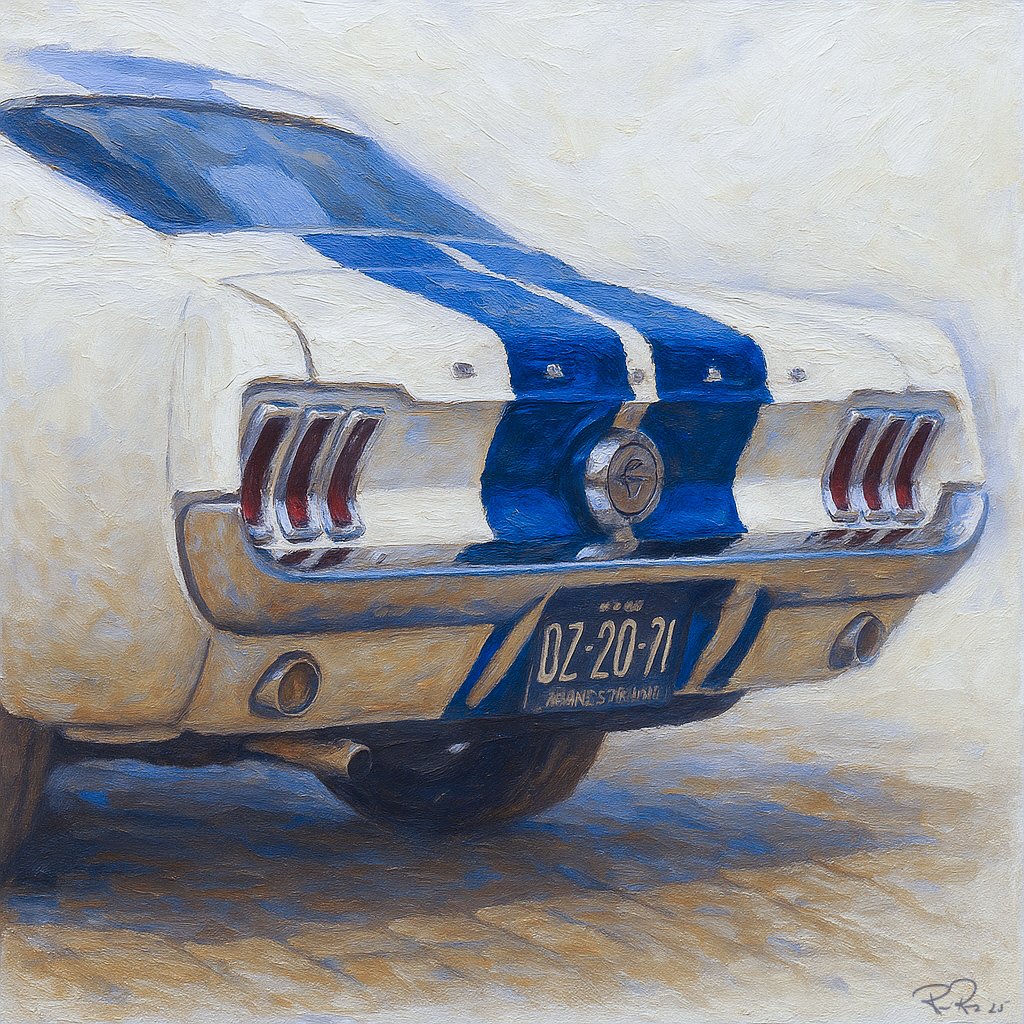 Painting of a classic car with a blue stripe on a textured background