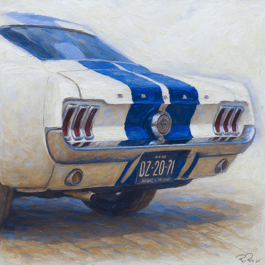 Painting of a classic car with a blue stripe on a textured background