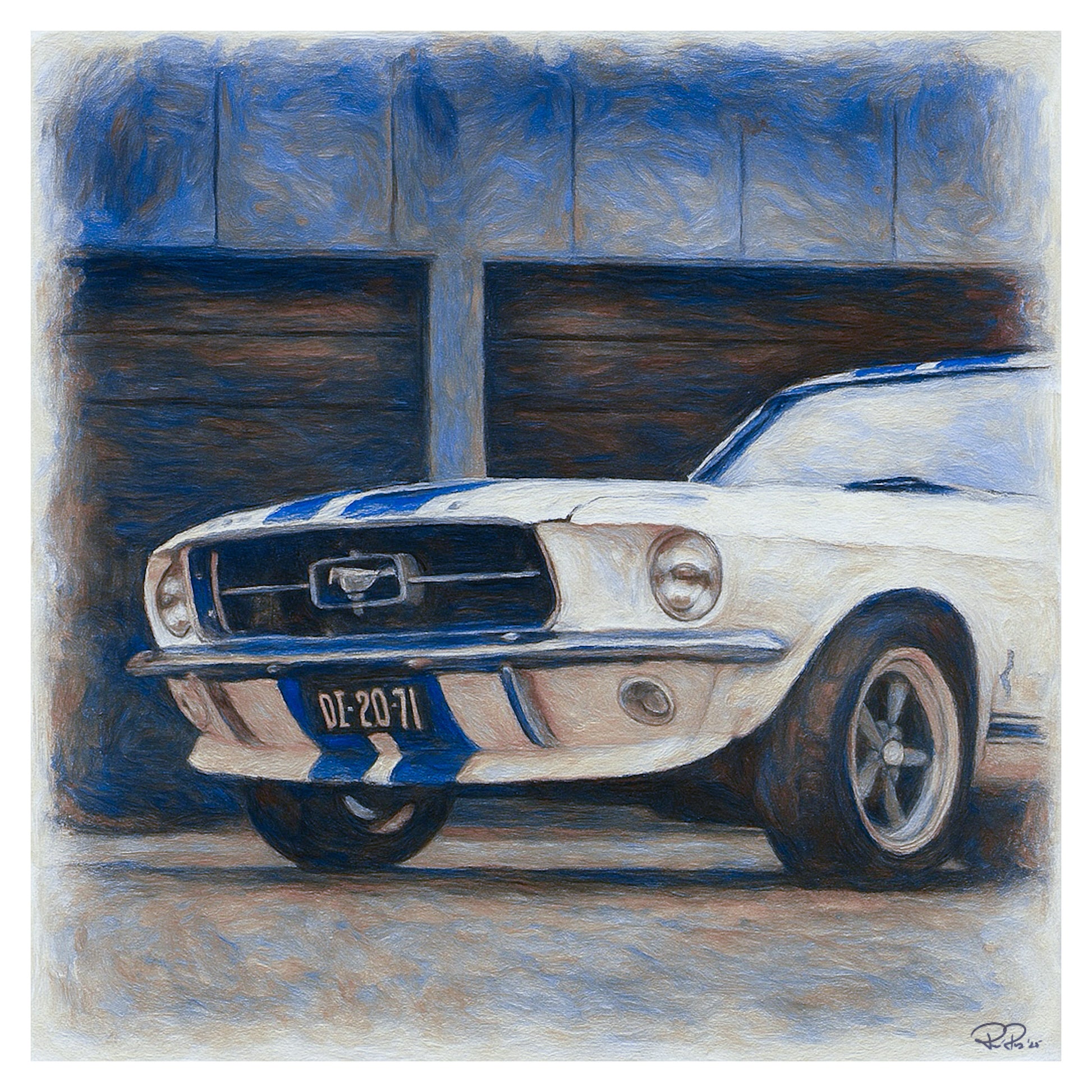 Painting of a white Mustang with blue stripes in front of a garage door.