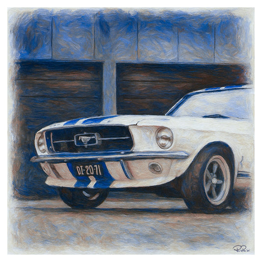 Painting of a white Mustang with blue stripes in front of a garage door.