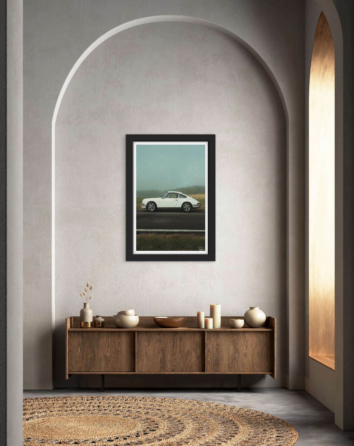 Framed artwork of a car on a wall in a modern interior setting.