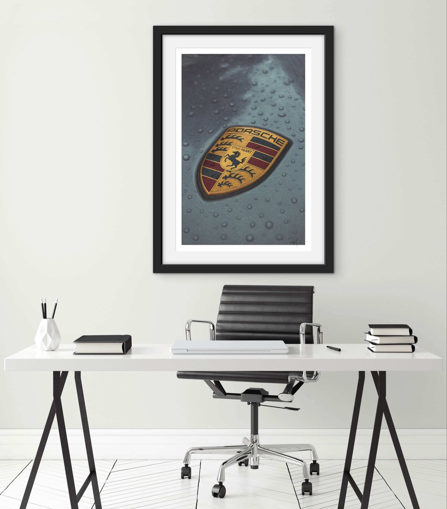 Rain-Kissed Porsche Crest Emblem Digital Art Print