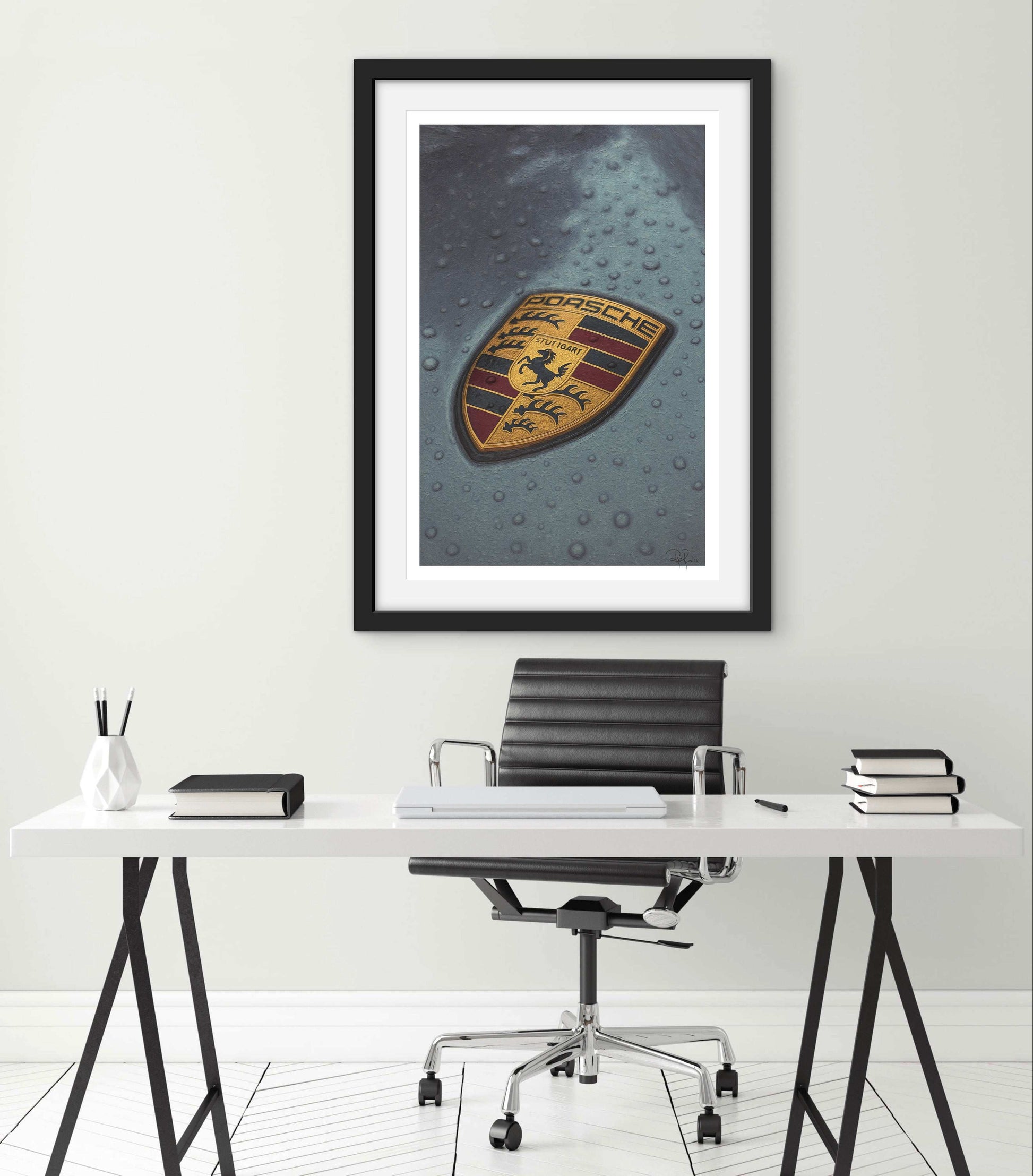 Rain-Kissed Porsche Crest Emblem Digital Art Print