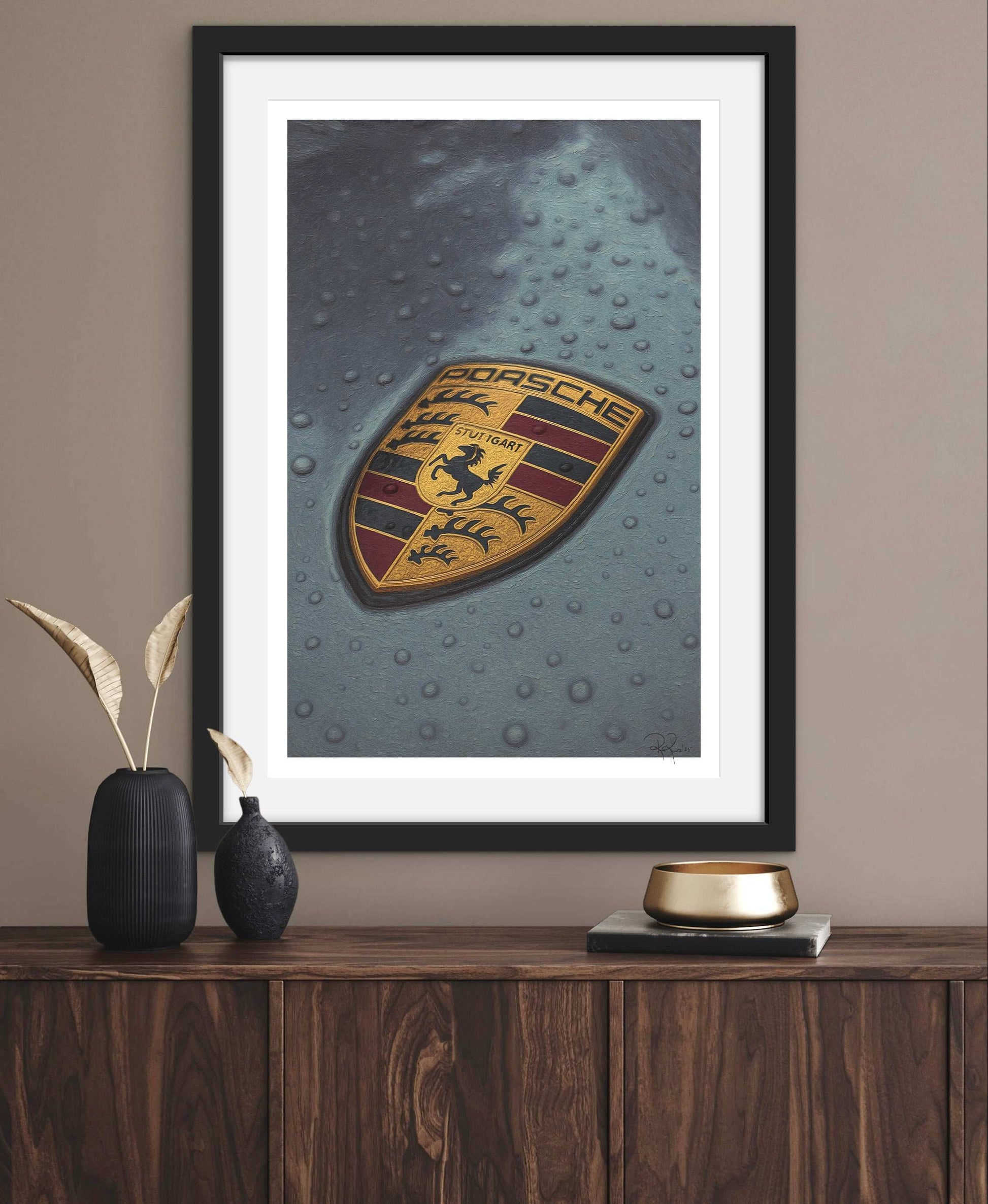 Rain-Kissed Porsche Crest Emblem Digital Art Print