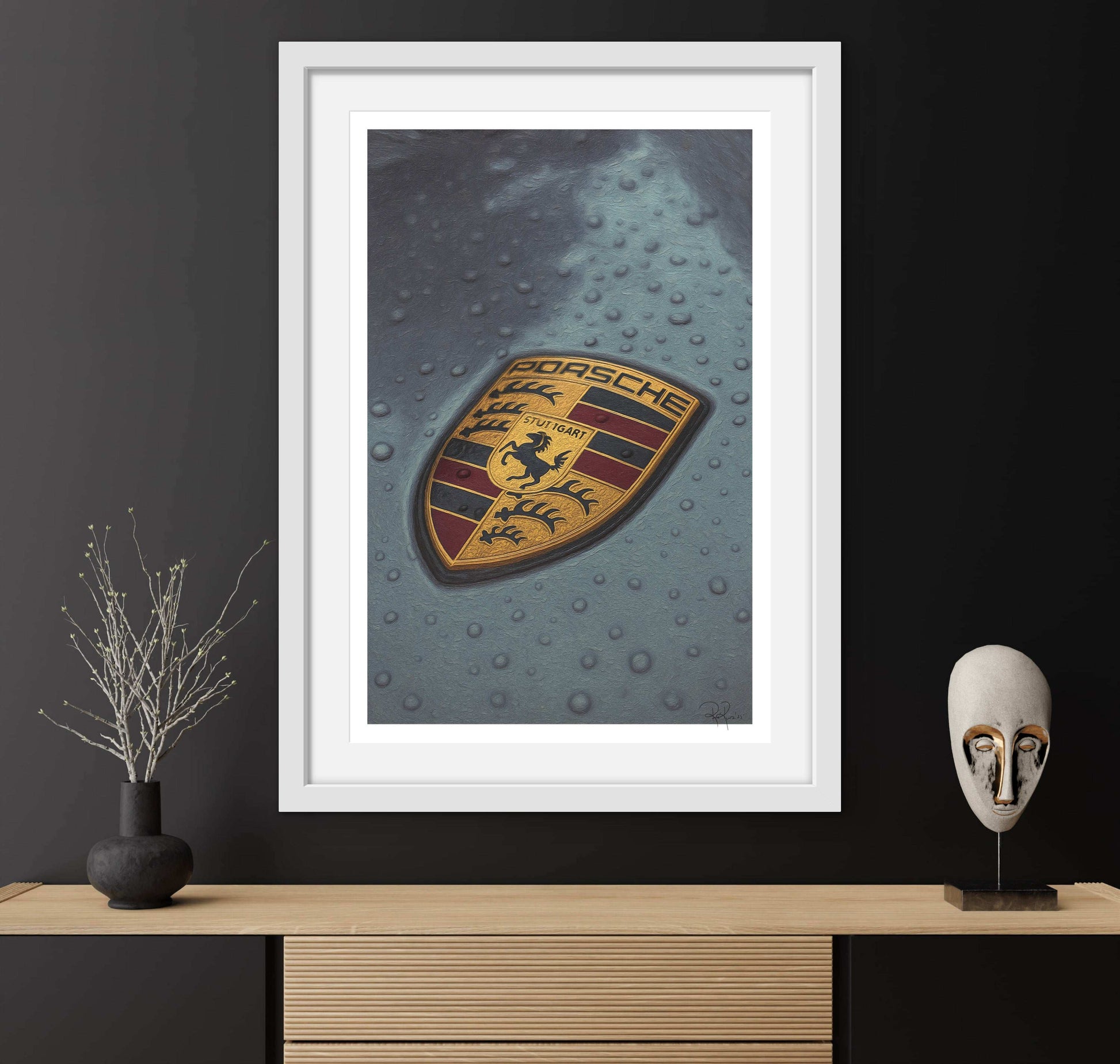 Rain-Kissed Porsche Crest Emblem Digital Art Print