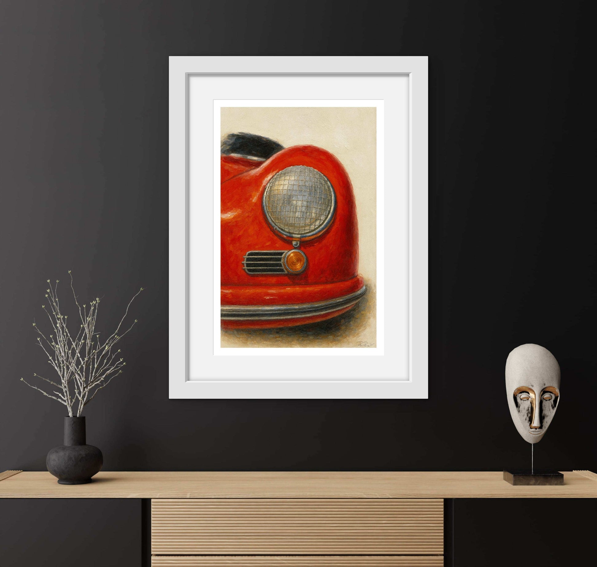 Vintage Red Porsche 356 Headlight Oil Painting Print | Classic Car Art