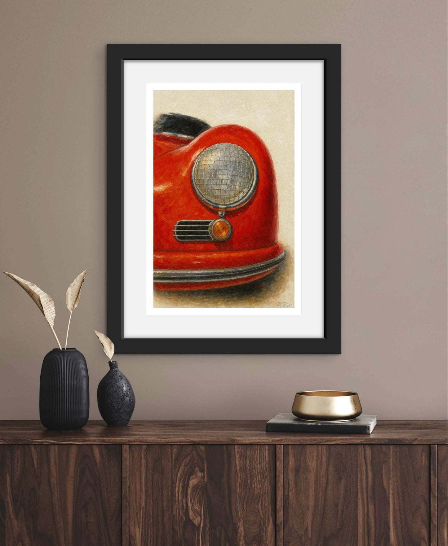 Vintage Red Porsche 356 Headlight Oil Painting Print | Classic Car Art