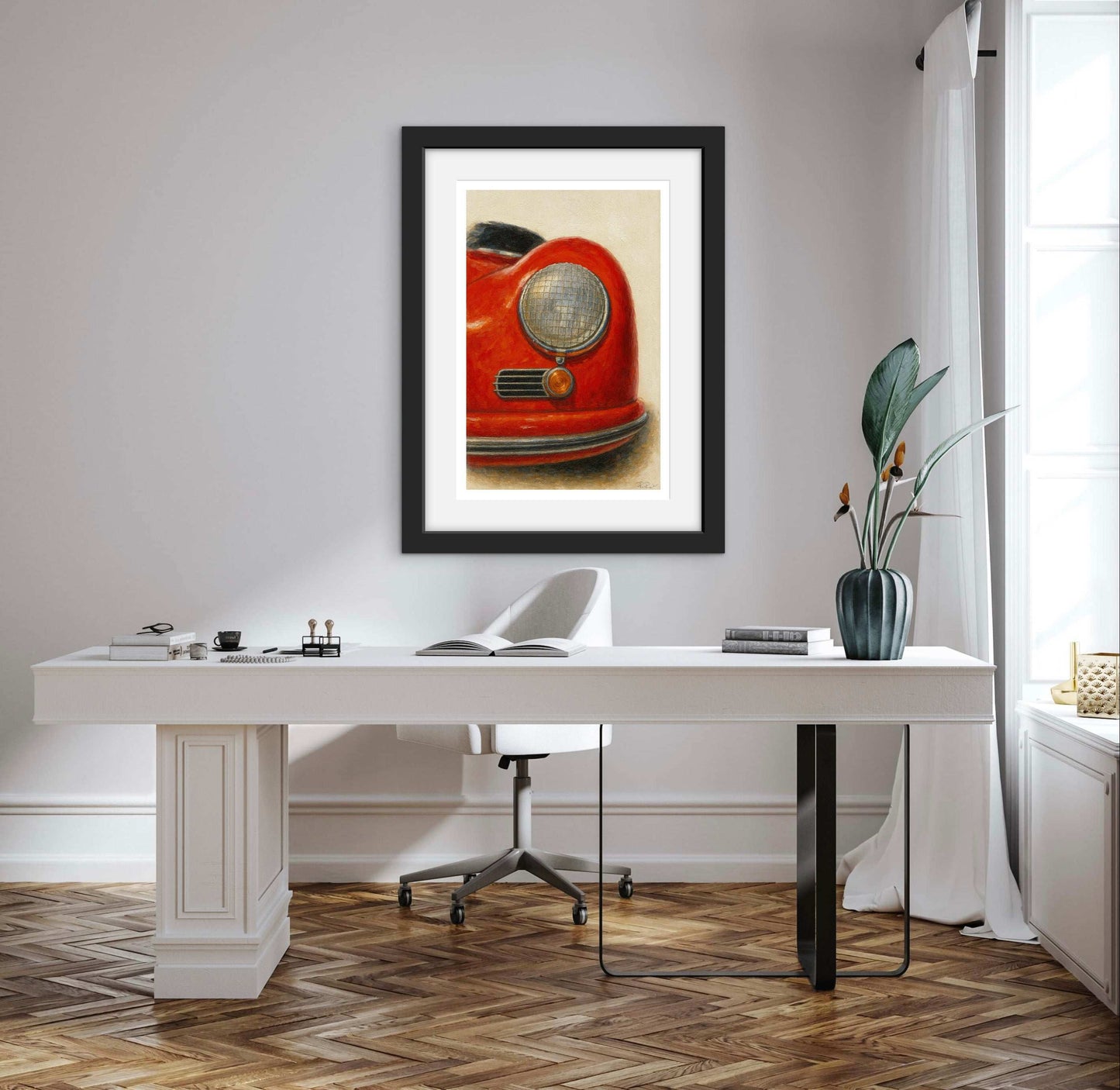 Vintage Red Porsche 356 Headlight Oil Painting Print | Classic Car Art