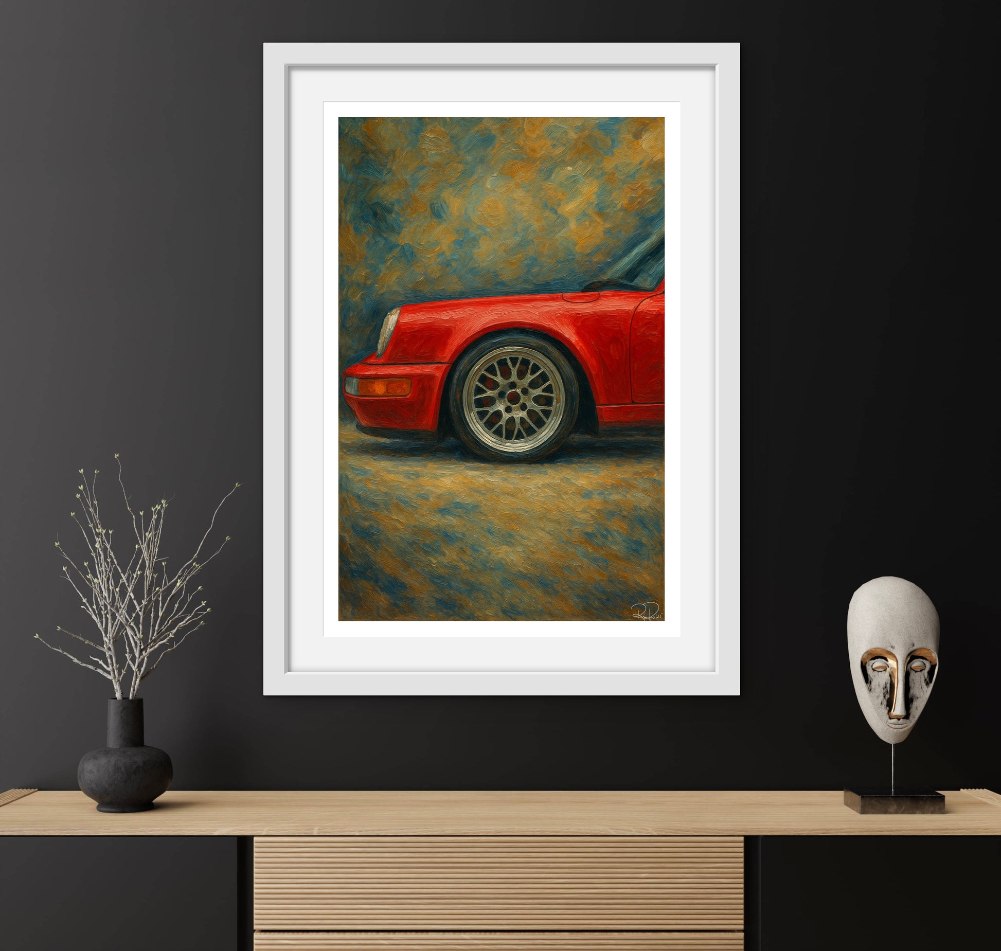 Framed painting of a red car on a dark wall with decorative items below.