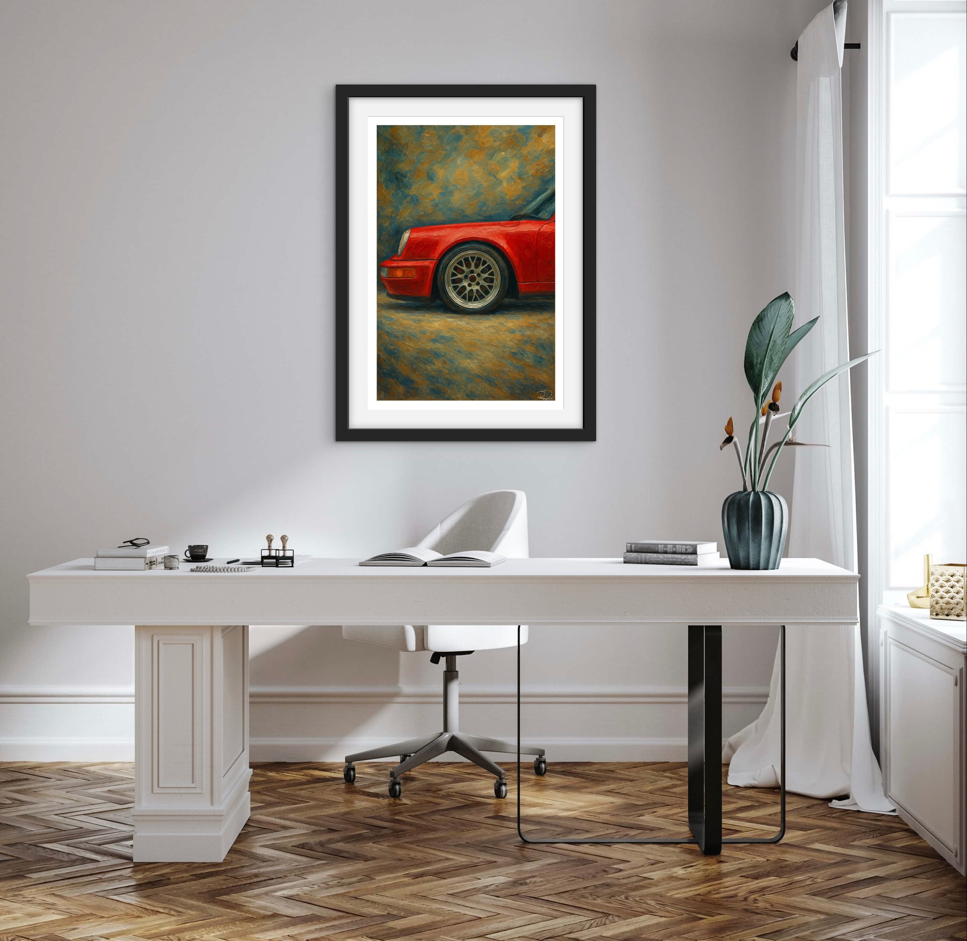 Modern office with a white desk, chair, and framed painting of a red car on a gray wall.