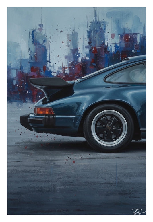 Blue Porsche car with an abstract cityscape background