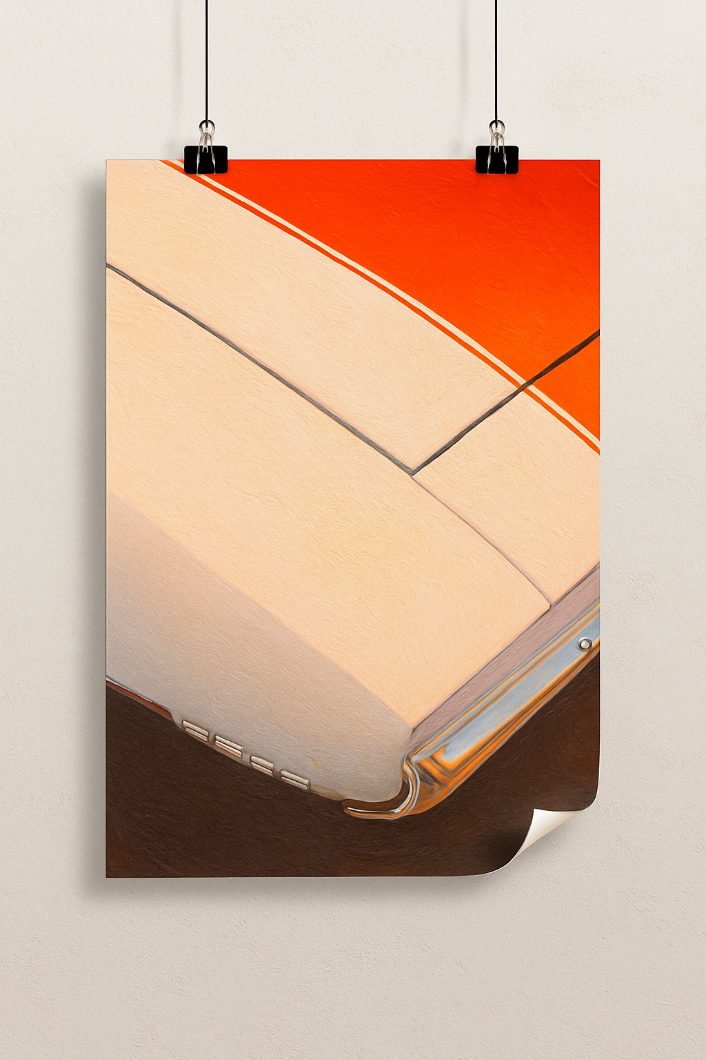 image of a print of oil painting hanging from clips on the wall