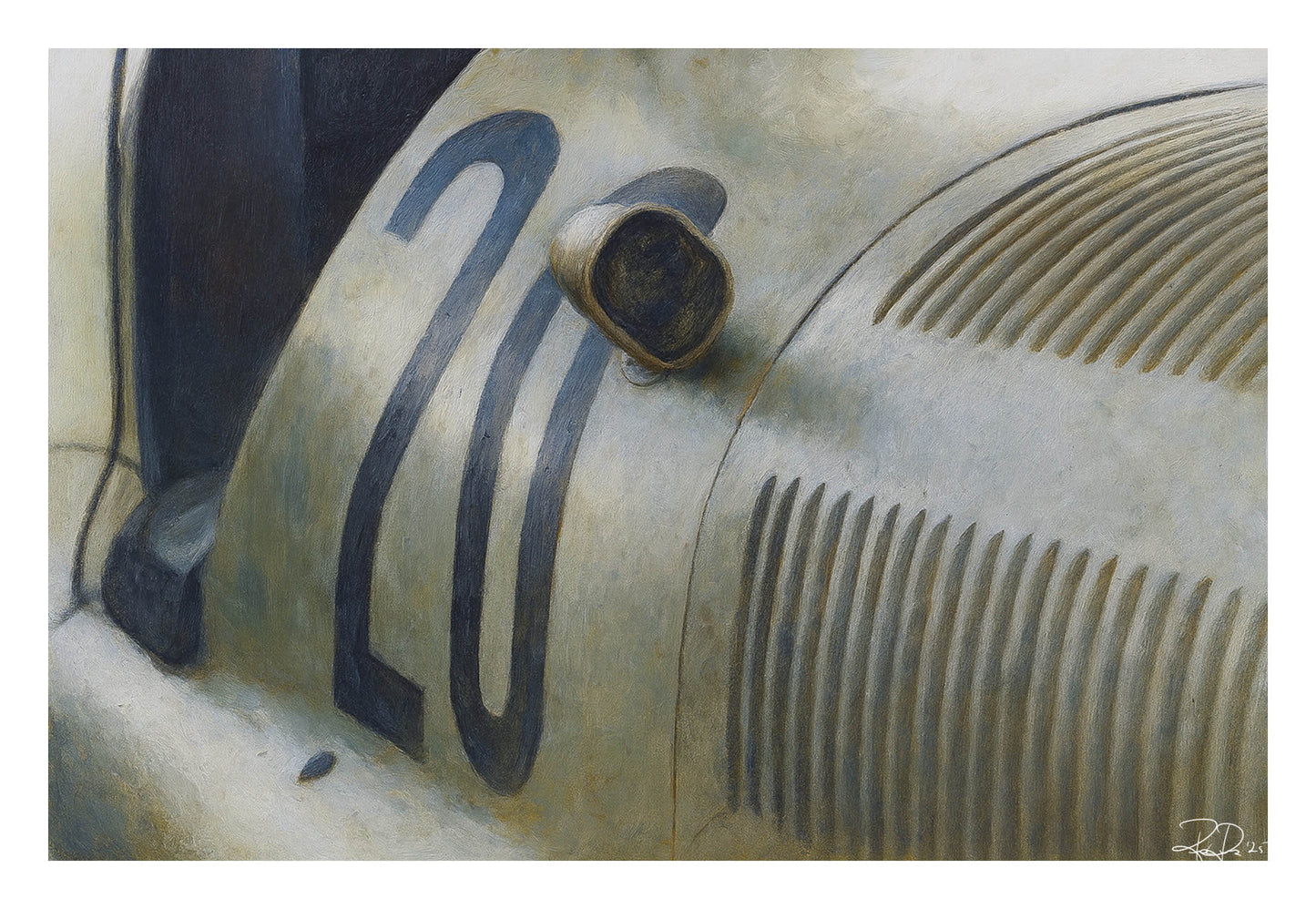 Close-up of a vintage car's hood with number '23' and air vent.