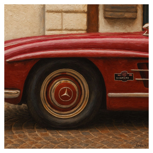 Close-up of a red vintage car with a visible Mercedes-Benz emblem on a cobblestone street.