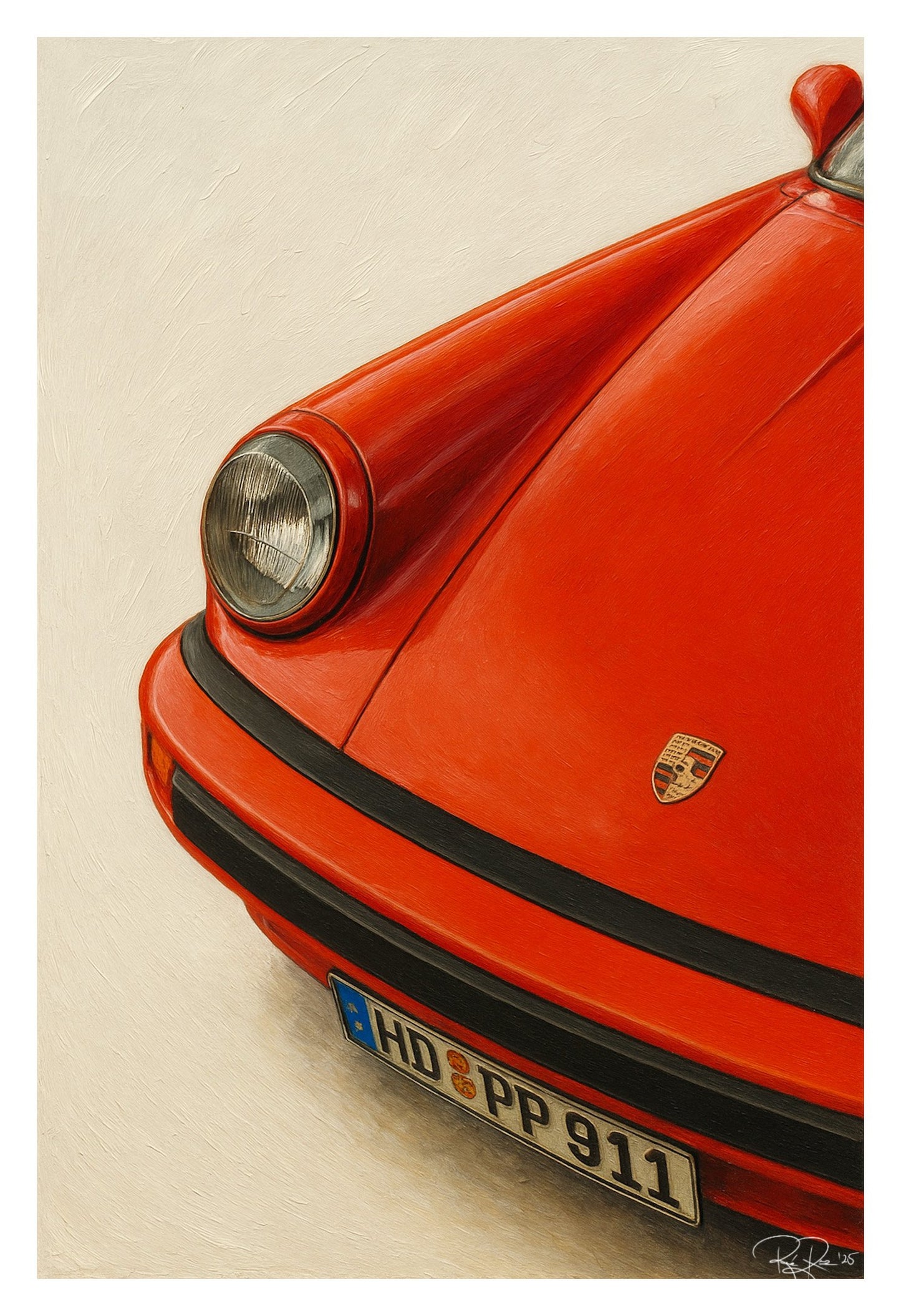 Close-up of a red Porsche 911 with a beige background