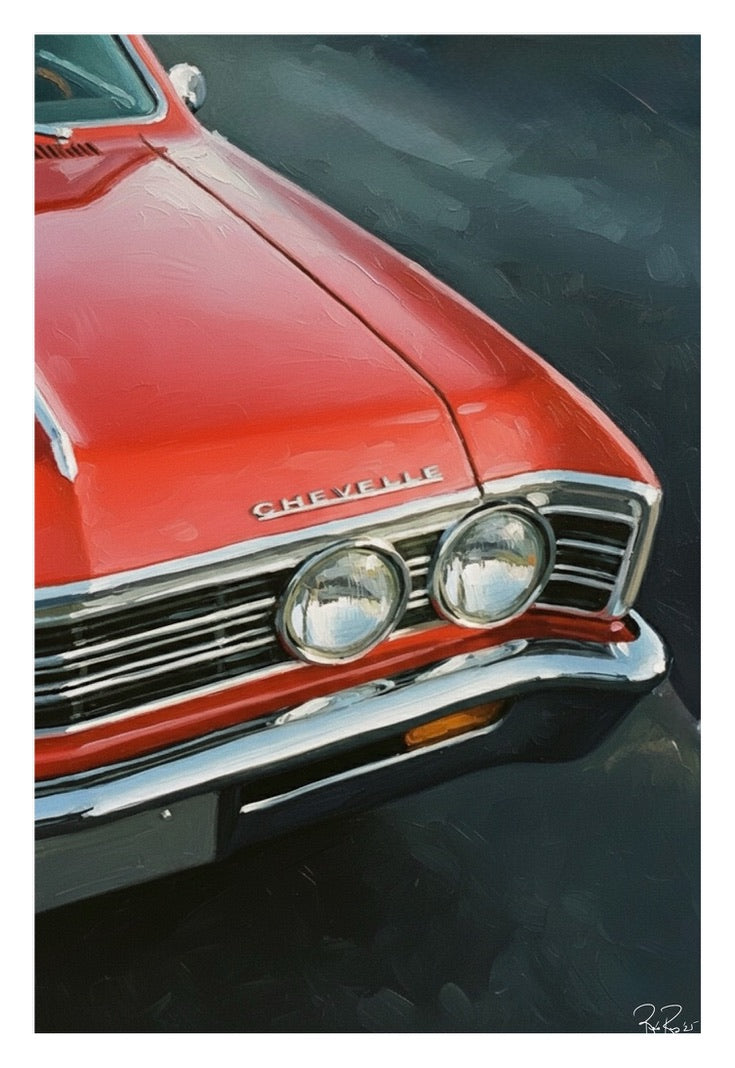 Close-up of a red Chevrolet car with a dark background