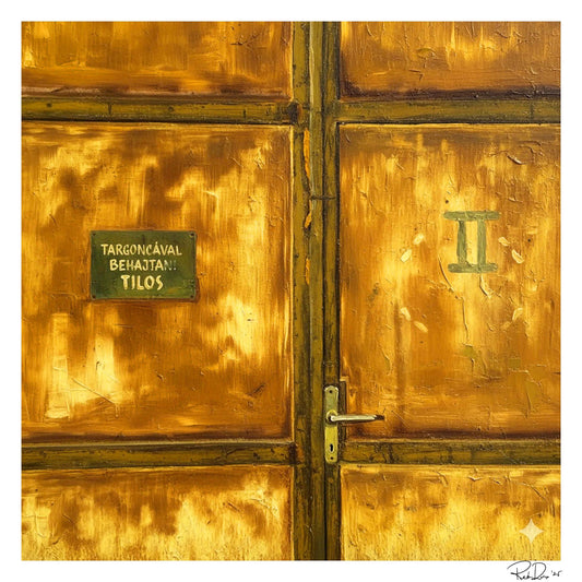 Gold door with a green plaque and number 'II'