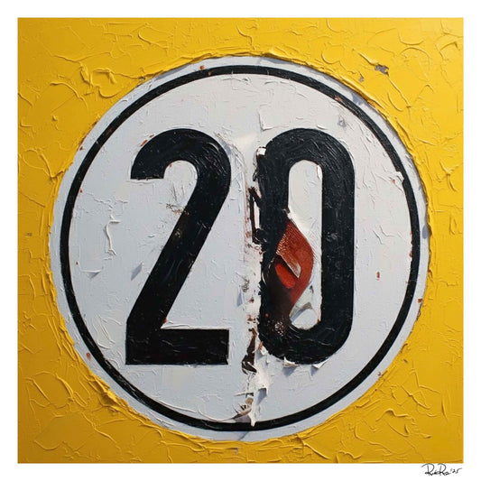 Round sign with the number '20' on a yellow background