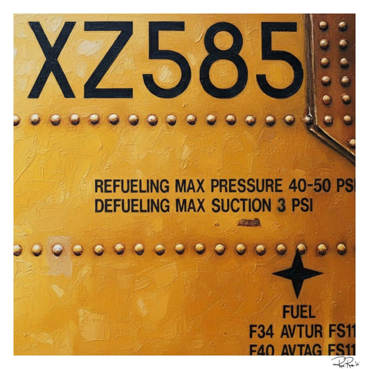 Yellow fuel tank label with text and refueling aged sign