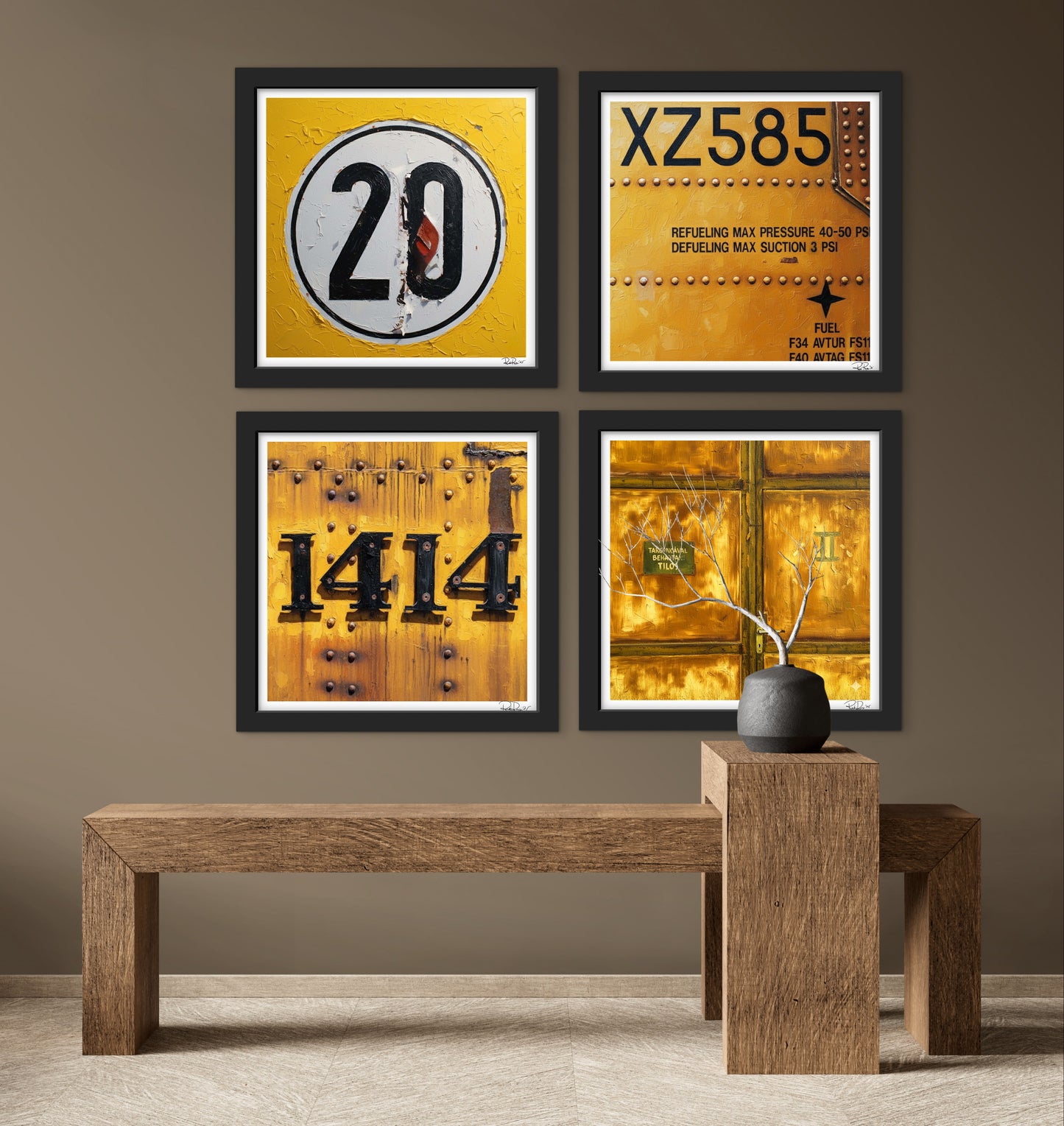 Four framed posters with numbers and text on a wall above a wooden bench.