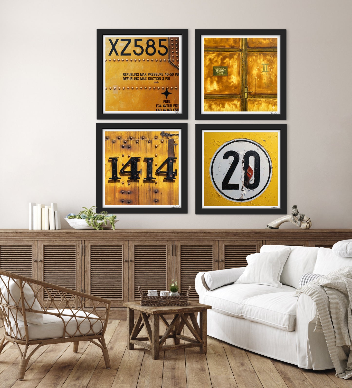 Living room with framed artwork on the wall and wooden furniture.