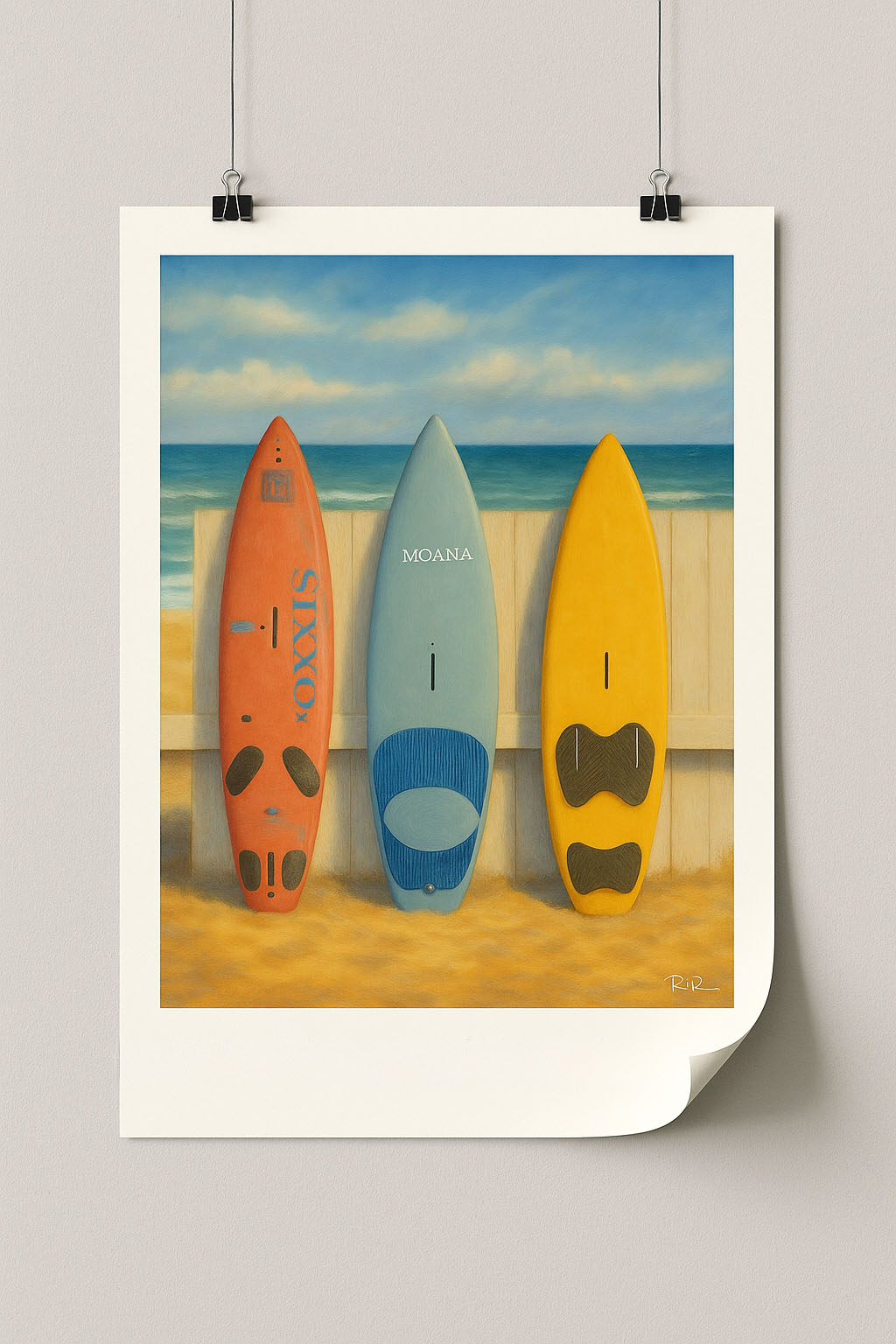 Art print of three surfboards on a beach with a gray wall background