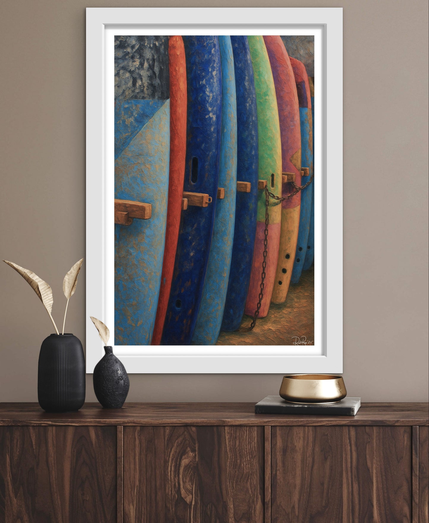Framed artwork of colorful surfboards on a wooden shelf with decorative items.