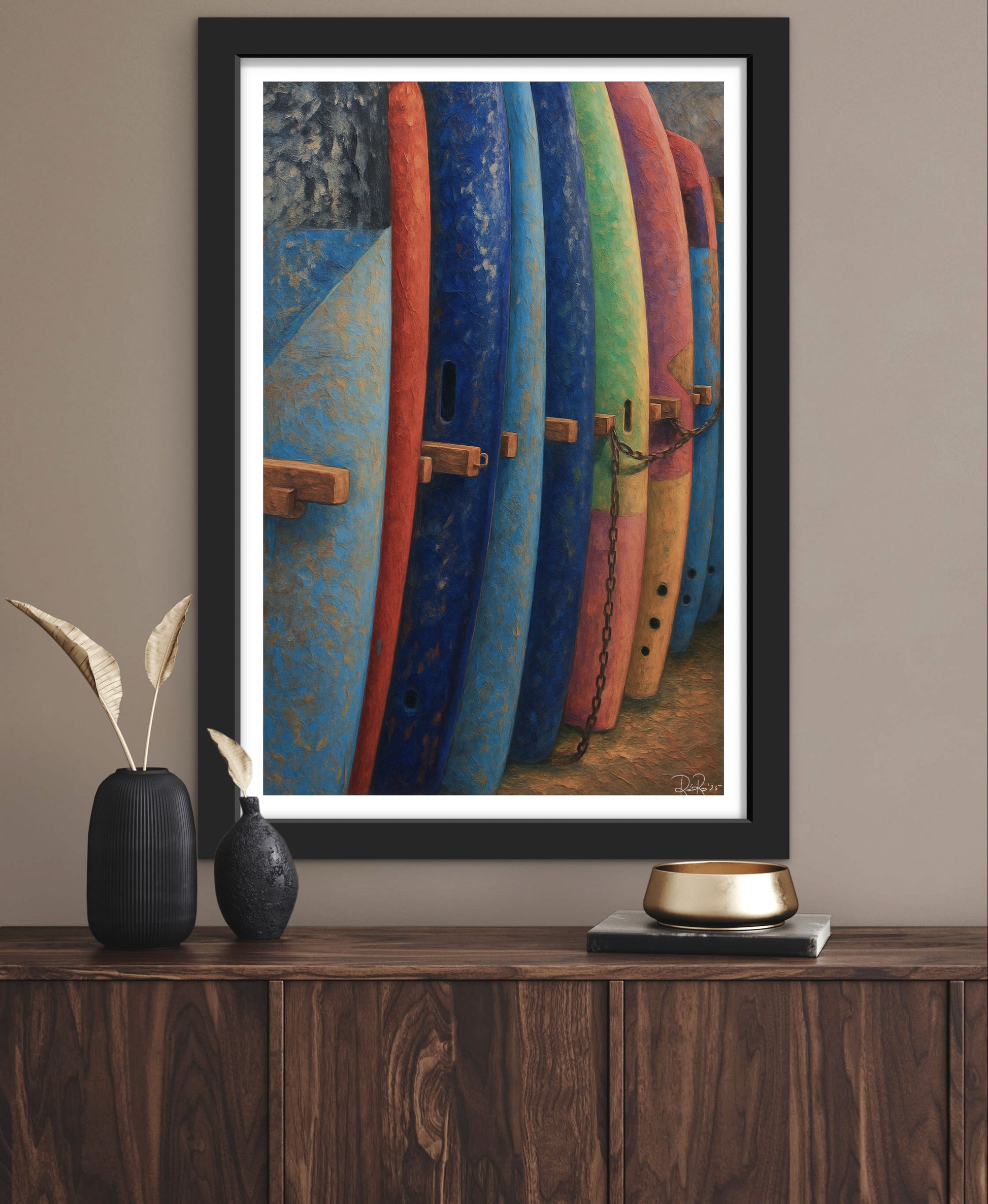 Framed artwork of colorful surfboards on a wooden shelf with decorative items.