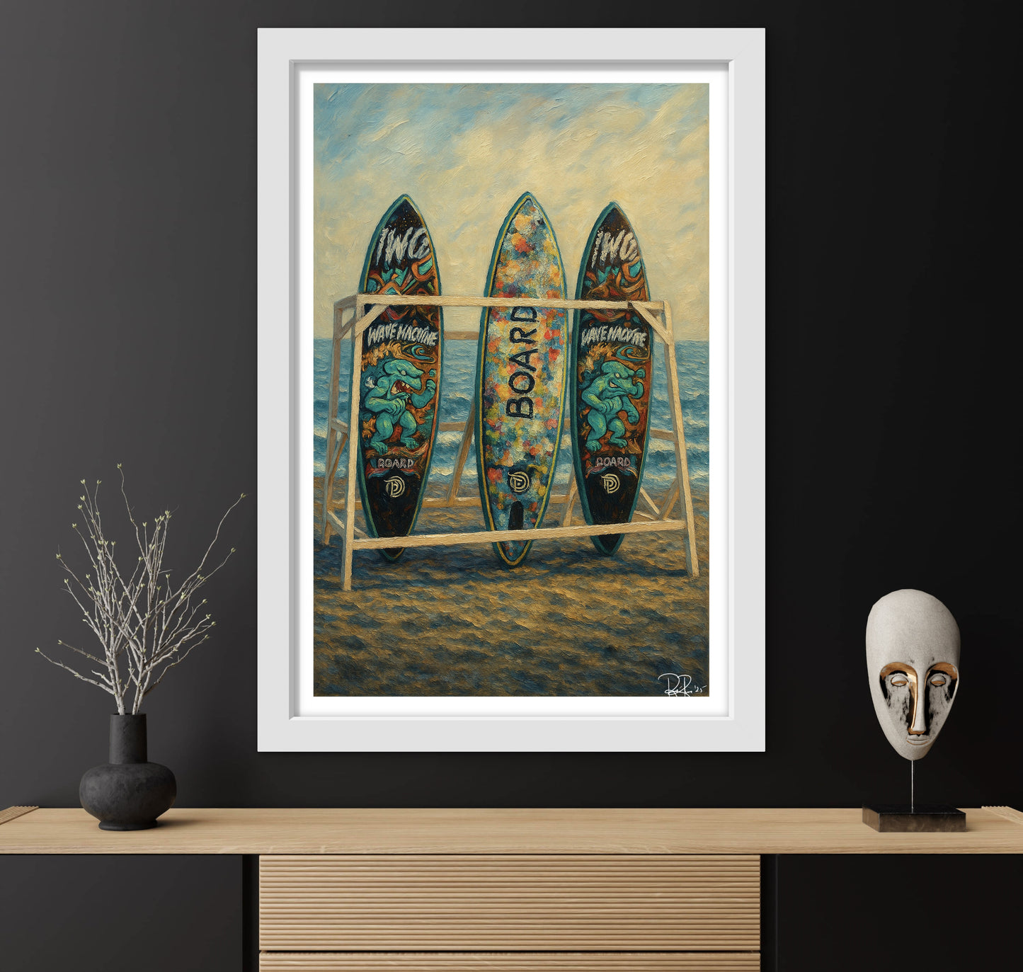 Framed artwork of surfboards on a beach with decorative items on a shelf.
